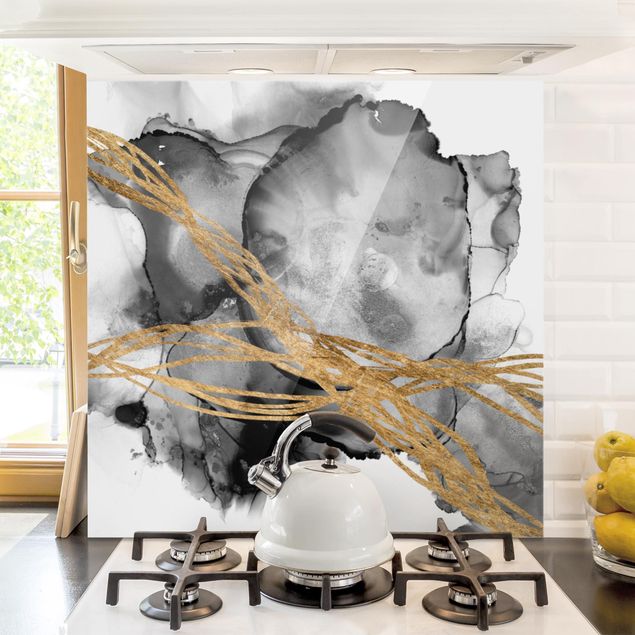 Glass splashback abstract Black Ink With Golden Lines
