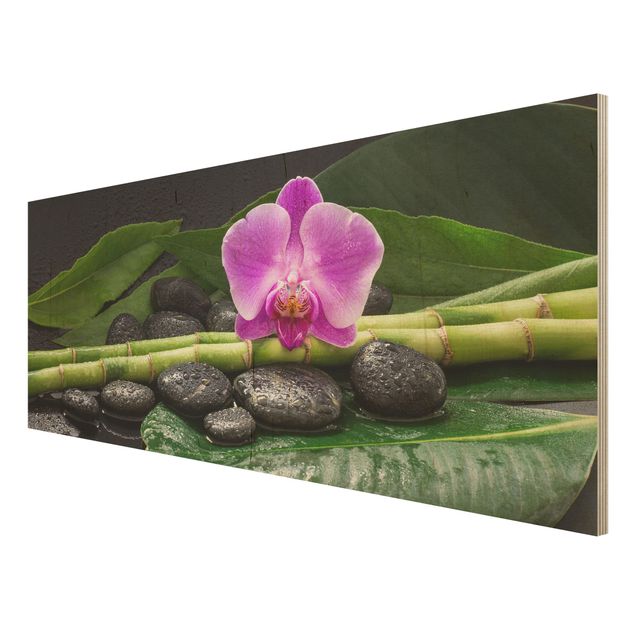 Print on wood - Green Bamboo With Orchid Flower
