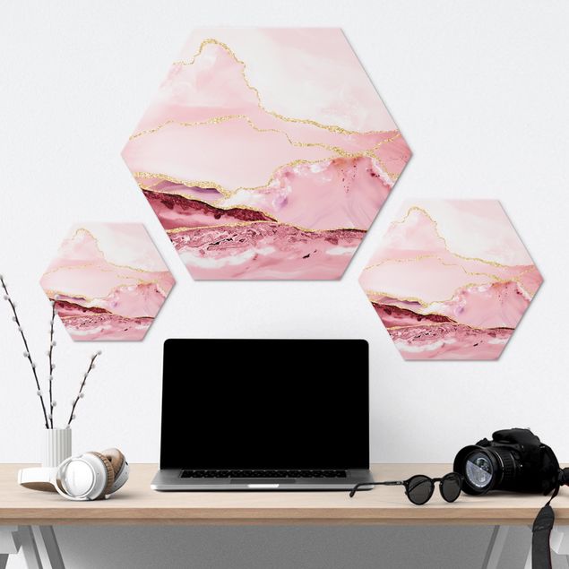 Alu-Dibond hexagon - Abstract Mountains Pink With Golden Lines