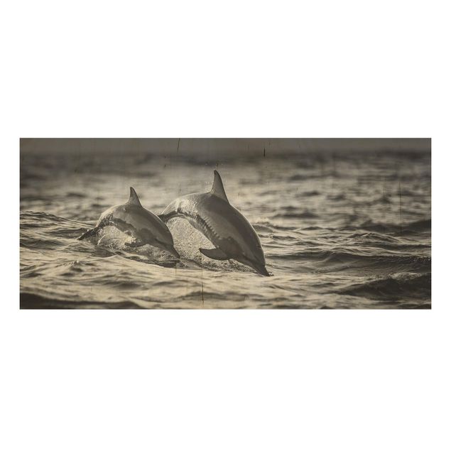 Wood print - Two Jumping Dolphins