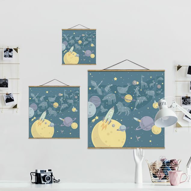 Fabric print with poster hangers - Planets With Zodiac And Missiles