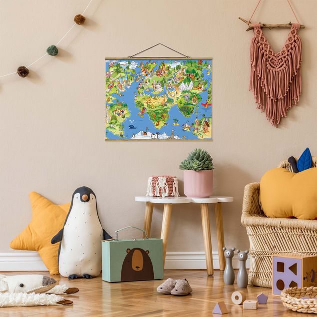 Fabric print with poster hangers - Great and Funny Worldmap