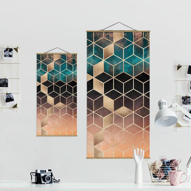 Fabric print with poster hangers - Turquoise Rosé Golden Geometry