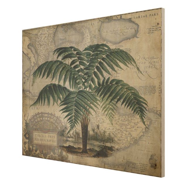 Print on wood - Vintage Collage - Palm And World Map