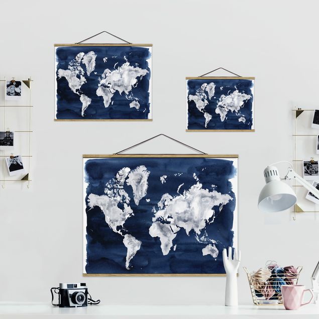 Fabric print with poster hangers - Water World Map Dark