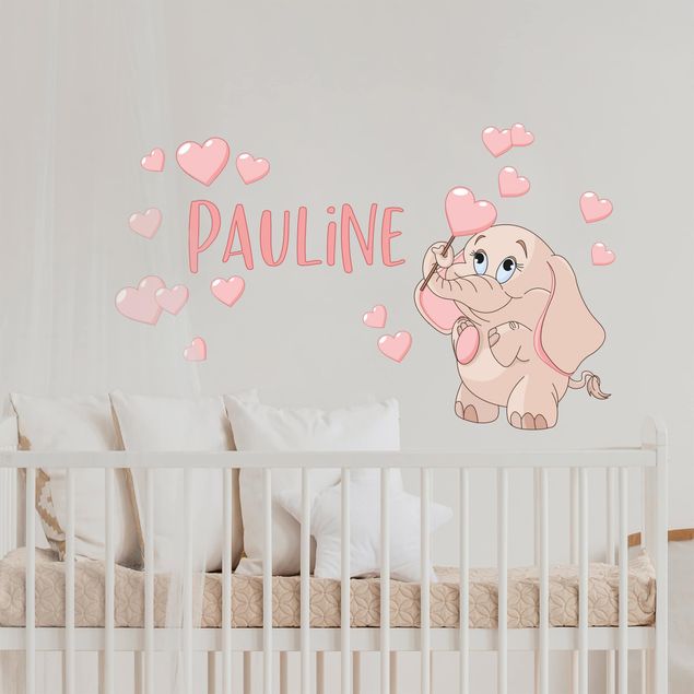 Wall stickers personalized-text Pink Baby Elephant With Many Hearts