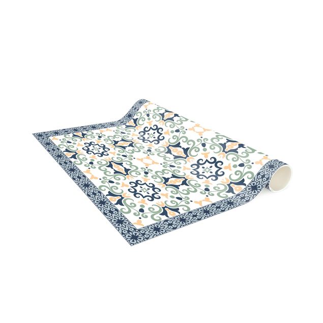 Tile rug Floral Tiles Yellowish Blue With Border