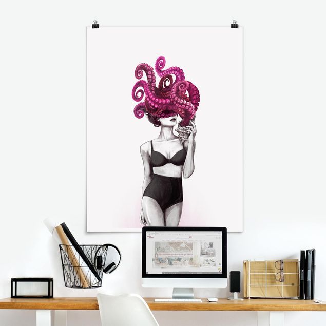 Poster - Illustration Woman In Underwear Black And White Octopus