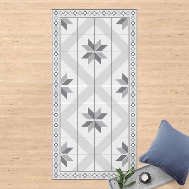 balcony mat Geometrical Tiles Rhombic Flower Grey With Narrow Border