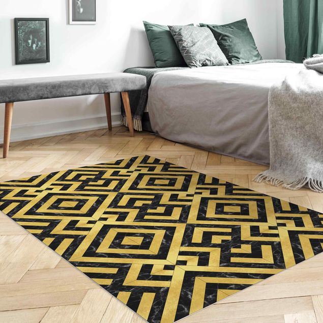 tile effect rug Geometrical Tile Mix Art Deco Gold Black Marble