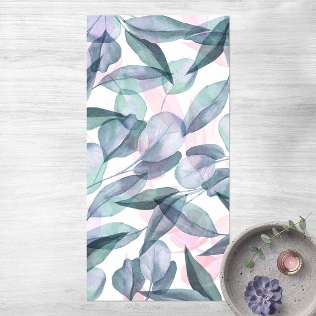 outdoor balcony rug Blue And Pink Eucalyptus Leaves Watercolour