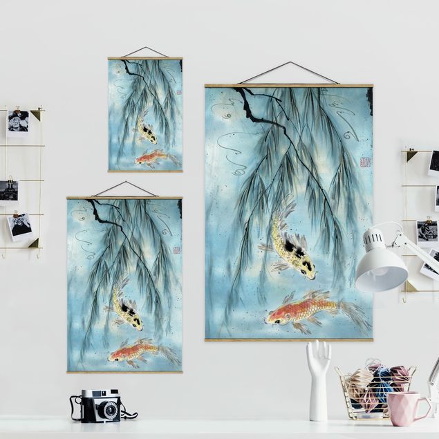 Fabric print with poster hangers - Japanese Watercolour Drawing Goldfish II