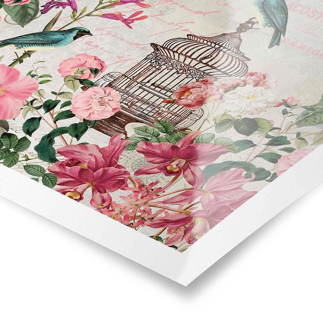 Poster - Shabby Chic Collage - Pink Flowers And Blue Birds