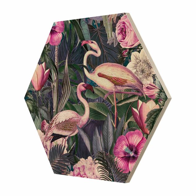 Hexagon Picture Wood - Colorful Collage - Pink Flamingos In The Jungle