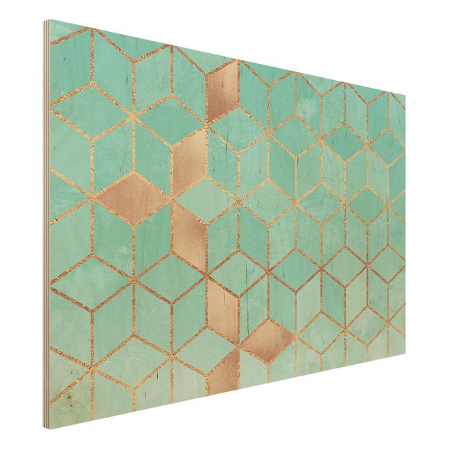 Print on wood - Turquoise White Golden Geometry