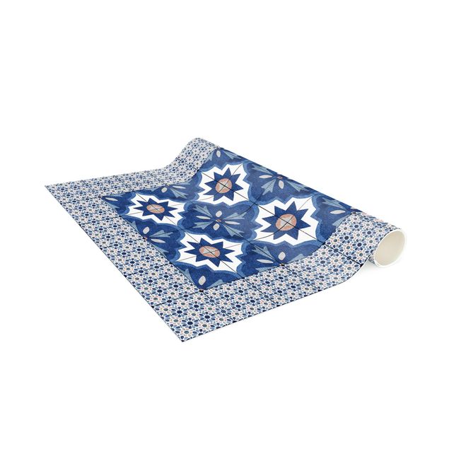 Tile rug Moroccan Tiles Watercolour Blue With Tile Frame
