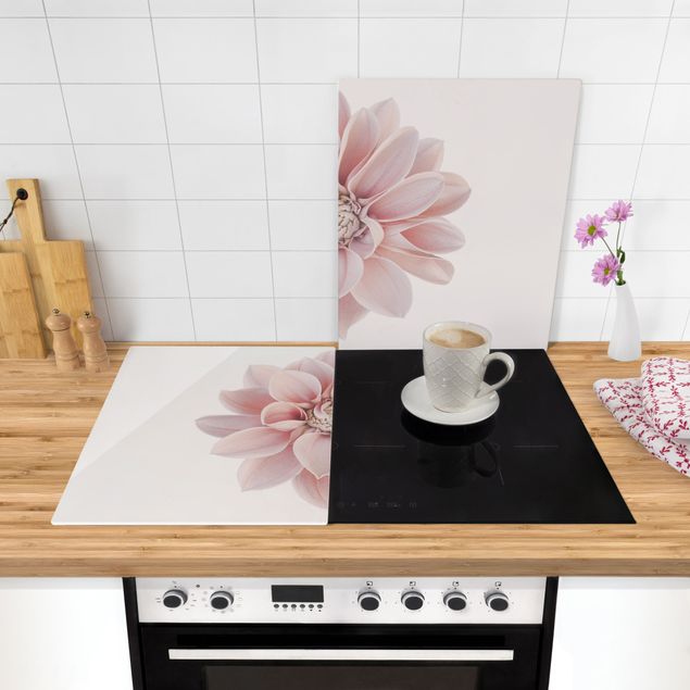 Glass stove top cover - Dahlia Flower Pastel White Pink