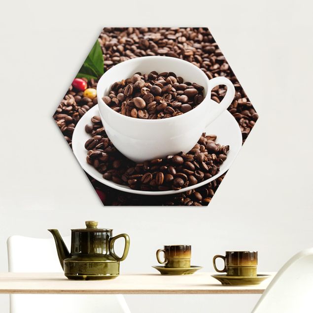 Alu-Dibond hexagon - Coffee Cup With Roasted Coffee Beans
