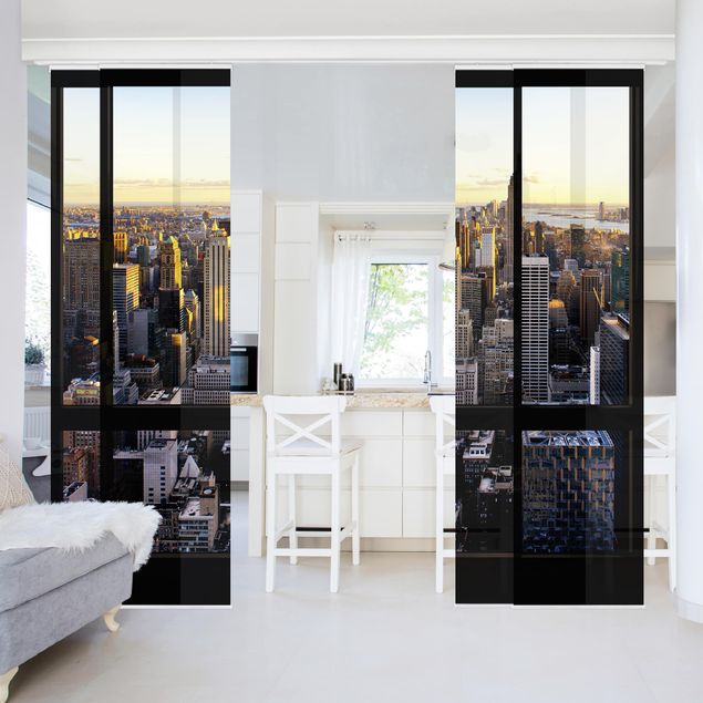 Sliding panel curtains set - Window View At Night Over New York