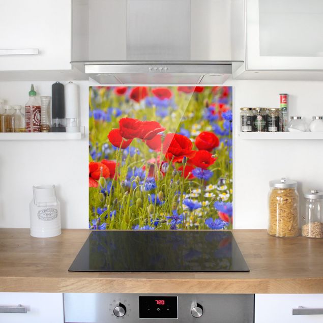 Glass splashback art print Summer Meadow With Poppies And Cornflowers