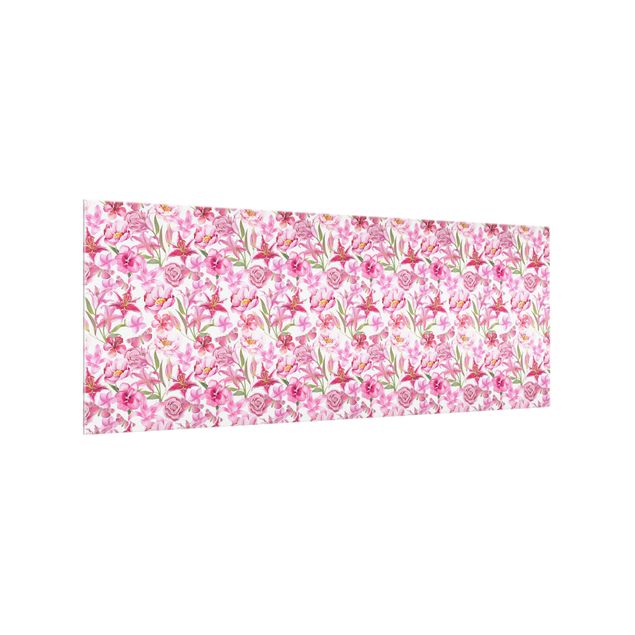 Glass splashback art print Pink Flowers With Butterflies