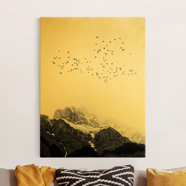 Canvas print gold - Flock Of Birds In Front Of Mountains Black And White