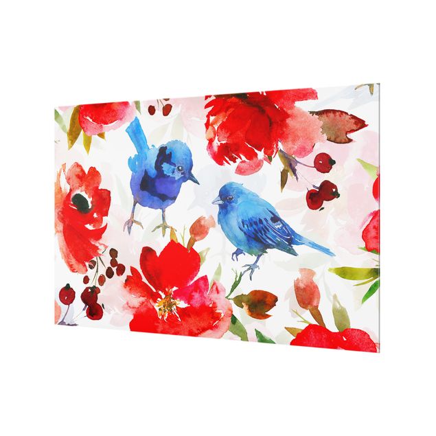 Splashback - Watercolour Birds In Blue And Pink - Landscape format 1:1