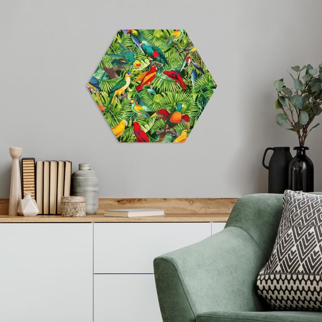 Hexagon Picture Forex - Colorful Collage - Parrot In The Jungle