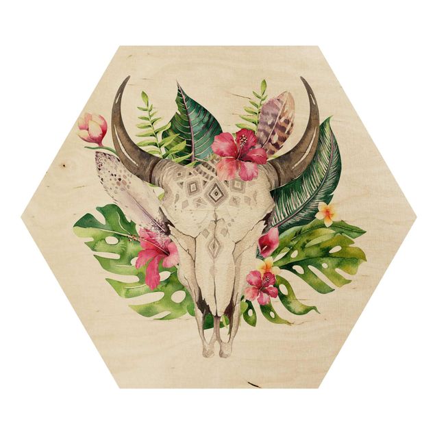 Wooden hexagon - Tropical Flower Skull