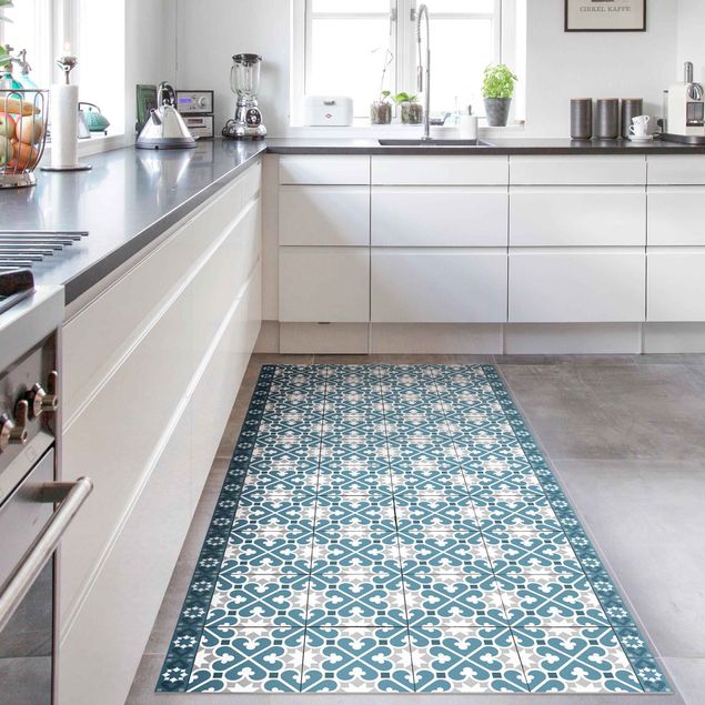 kitchen runner rugs Geometrical Tile Mix Hearts Blue Grey