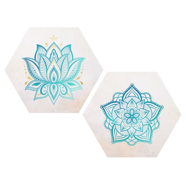Alu-Dibond hexagon - Mandala Lotus Set Gold Blue