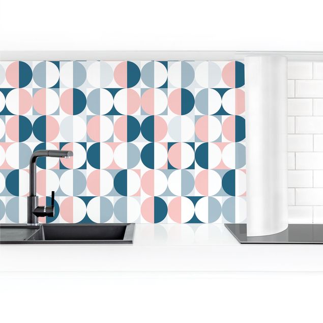 Kitchen wall cladding - Semicircle Pattern In Blue With Light Pink II