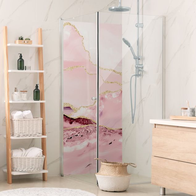 Shower wall panels Abstract Mountains Pink With Golden Lines