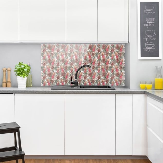 Glass splashback flower Red Pineapple With Palm Leaves Tropical