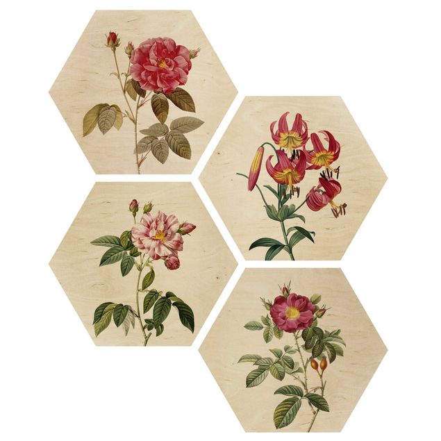 Wooden hexagon - Pierre Joseph Redoute - Roses And Lilies
