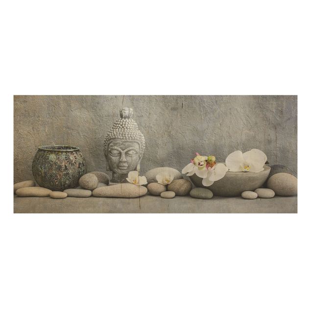 Print on wood - Zen Buddha With White Orchids