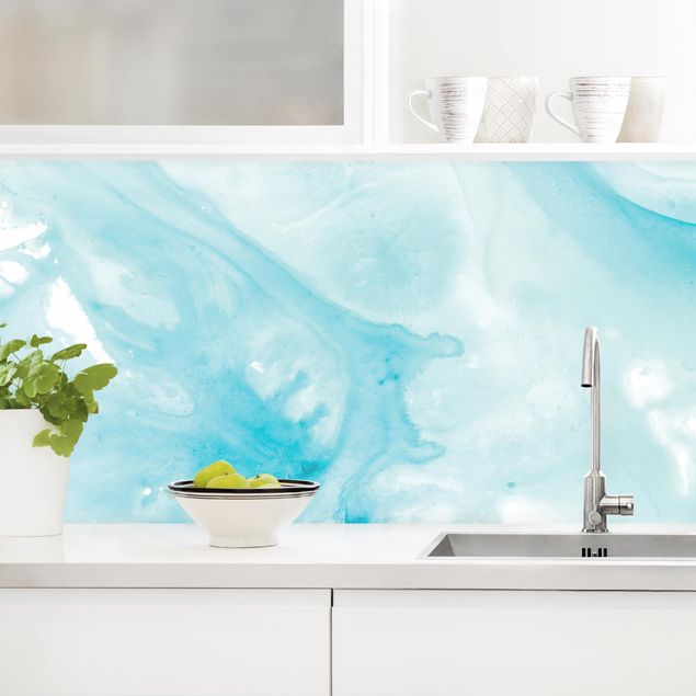 Kitchen splashback abstract Emulsion In White And Turquoise I