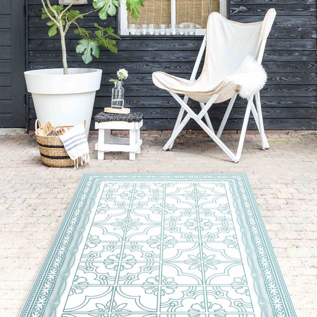 kitchen runner rugs Floral Tile Pattern Mint Green Colour With Border