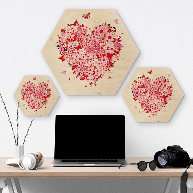 Wooden hexagon - Floral Retro Heart
