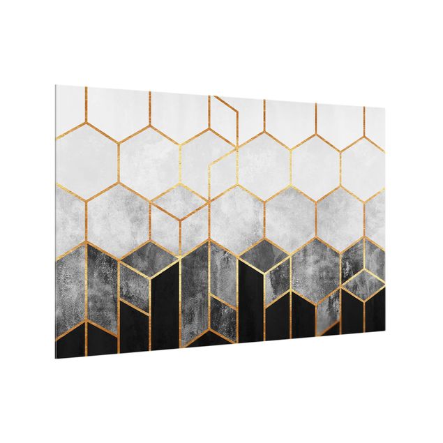Glass splashback abstract Golden Hexagons Black And White