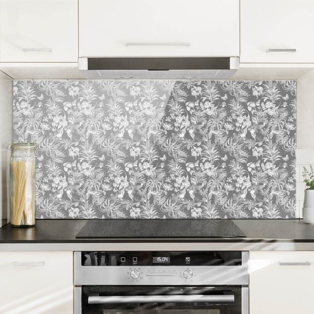 Glass splashback patterns Tropical Flowers In Front Of Gray