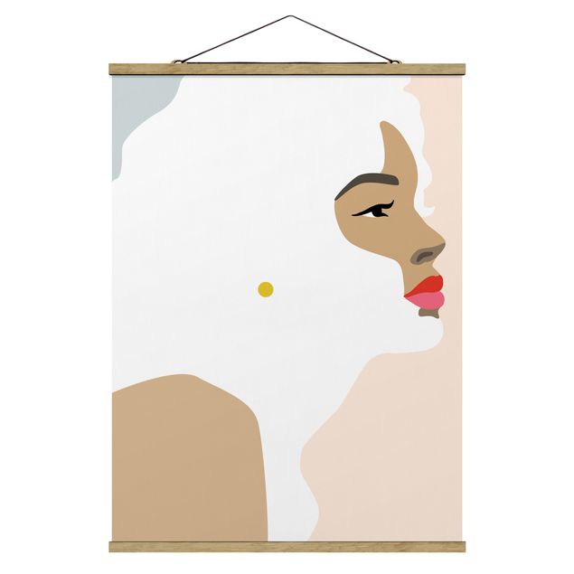 Fabric print with poster hangers - Line Art Portrait Woman Pastel Pink