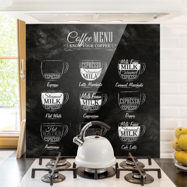 Glass splashback baking and coffee Coffees chalkboard