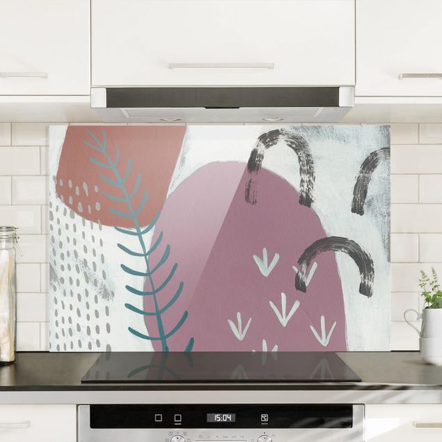 Glass splashback kitchen abstract Carnival Of Shapes In Berry II