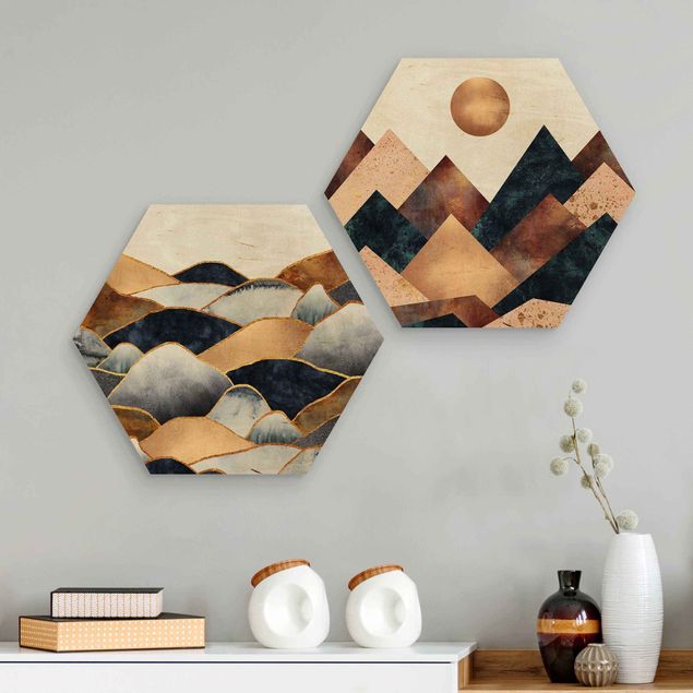 Wooden hexagon - Geometric & Golden Mountains Watercolour