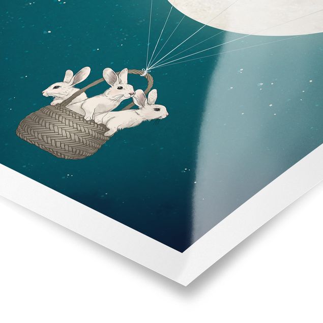 Poster - Illustration Rabbits Moon As Hot-Air Balloon Starry Sky