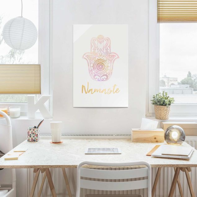 Glass print - Hamsa Hand Illustration Namaste Gold Light Pink