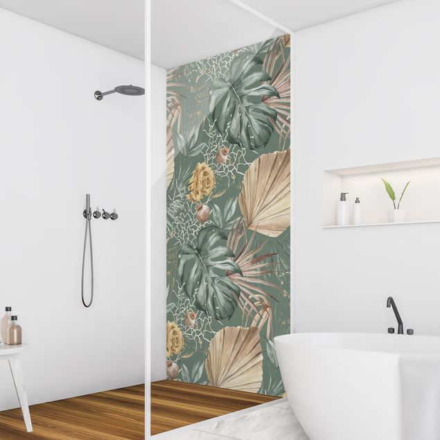 Shower wall cladding - Large Leaves With Roses In Front Of Green