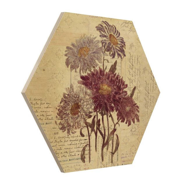Wooden hexagon - Vintage Flowers With Handwriting