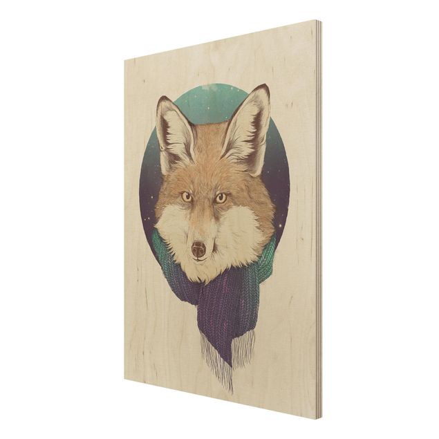 Print on wood - Illustration Fox Moon Purple Turquoise